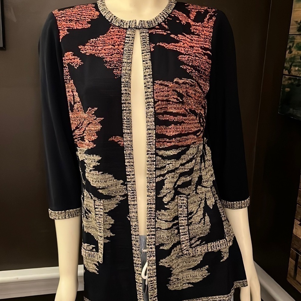 𝅺MING Wang Landscape Contrast Printed Trim Knit Jacket M